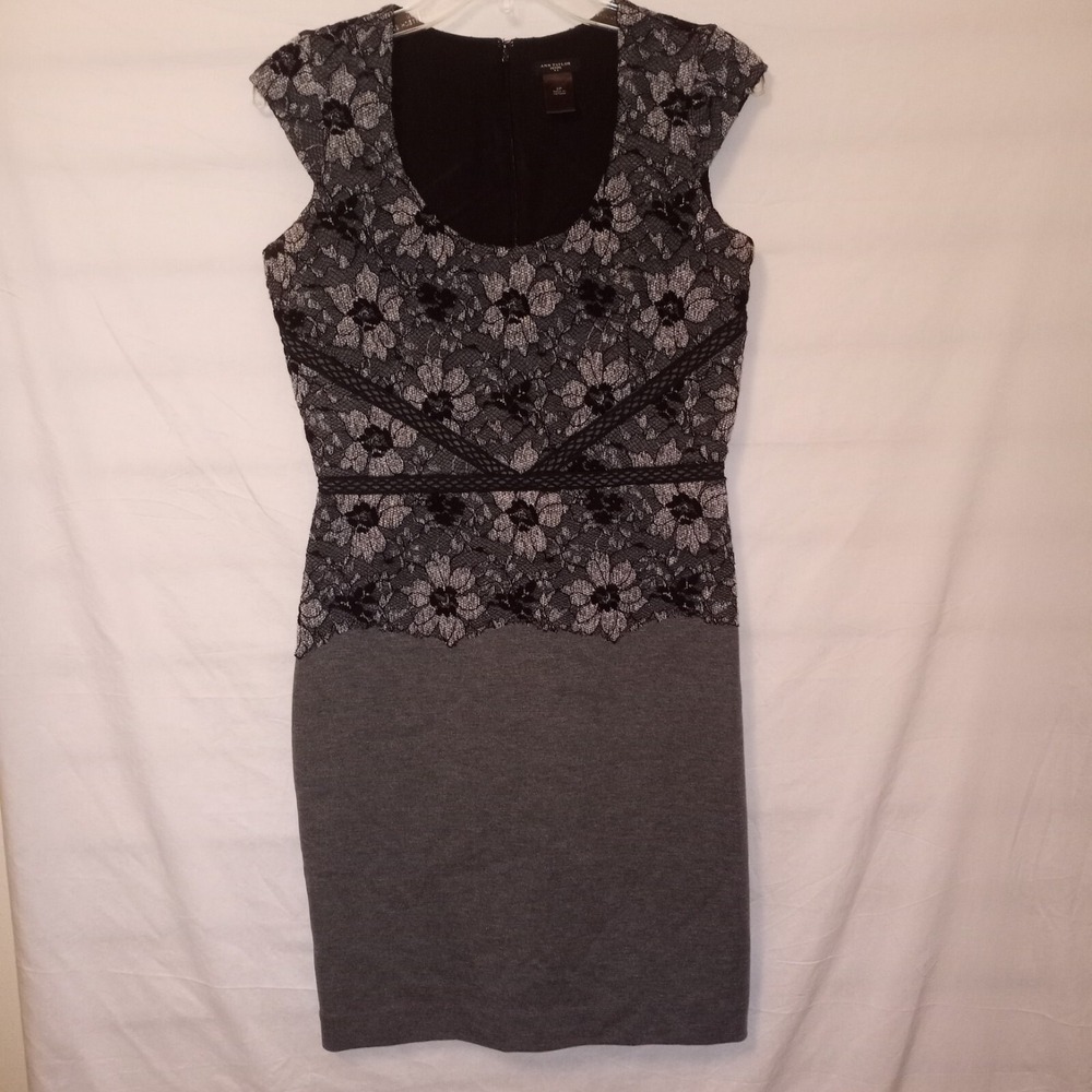 Ann Taylor Petite 2P Gray Sleeveless Dress‎ Black Floral Lace Bodice